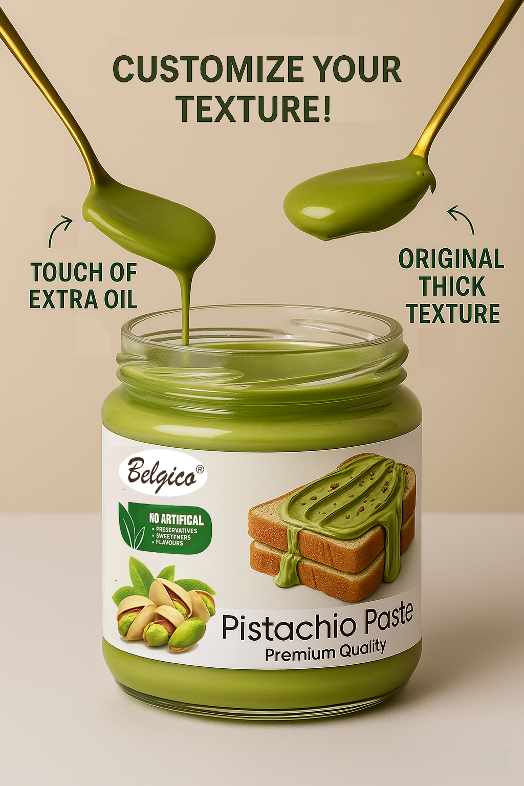 Pistachio Paste – Premium Green Pistachio Spread for Toast, Desserts & Baking – No Artificial Flavors, Colors, Sweeteners, Gluten-Free | Belgico Jar 7oz