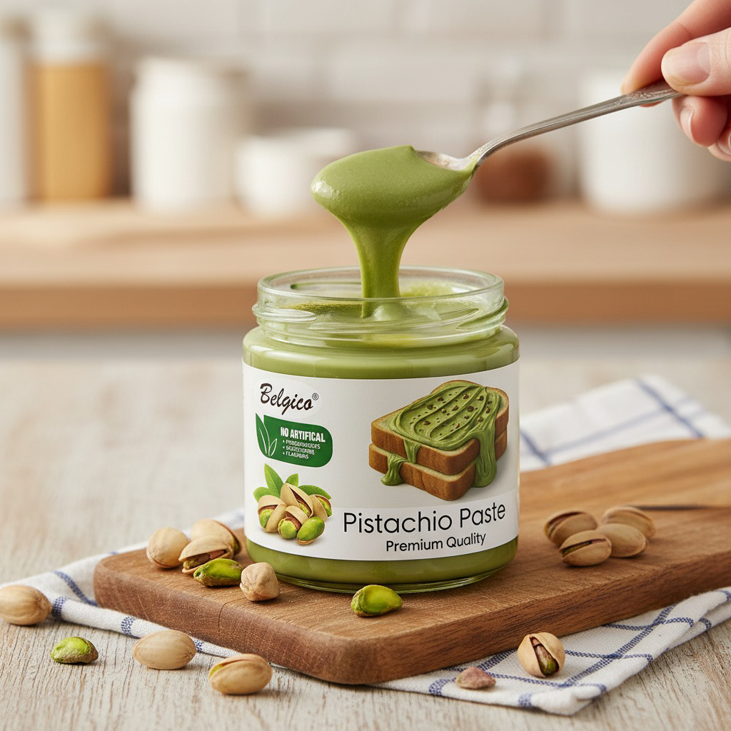 Pistachio Paste – Premium Green Pistachio Spread for Toast, Desserts & Baking – No Artificial Flavors, Colors, Sweeteners, Gluten-Free | Belgico Jar 7oz