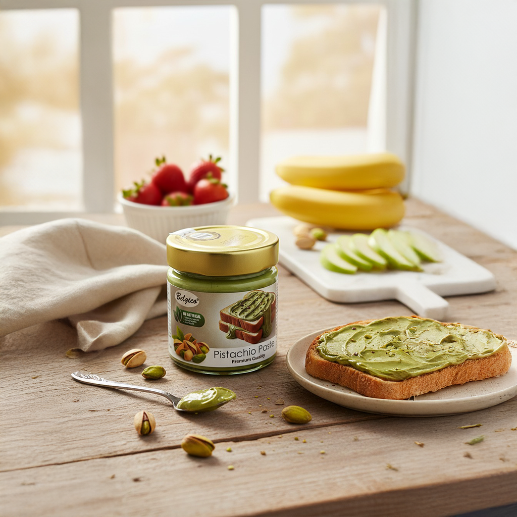 Pistachio Paste – Premium Green Pistachio Spread for Toast, Desserts & Baking – No Artificial Flavors, Colors, Sweeteners, Gluten-Free | Belgico Jar 7oz