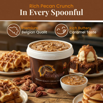 Belgico Pecan Crunch Caramel Sauce bucket with roasted pecan and cookie crunch pieces close-up