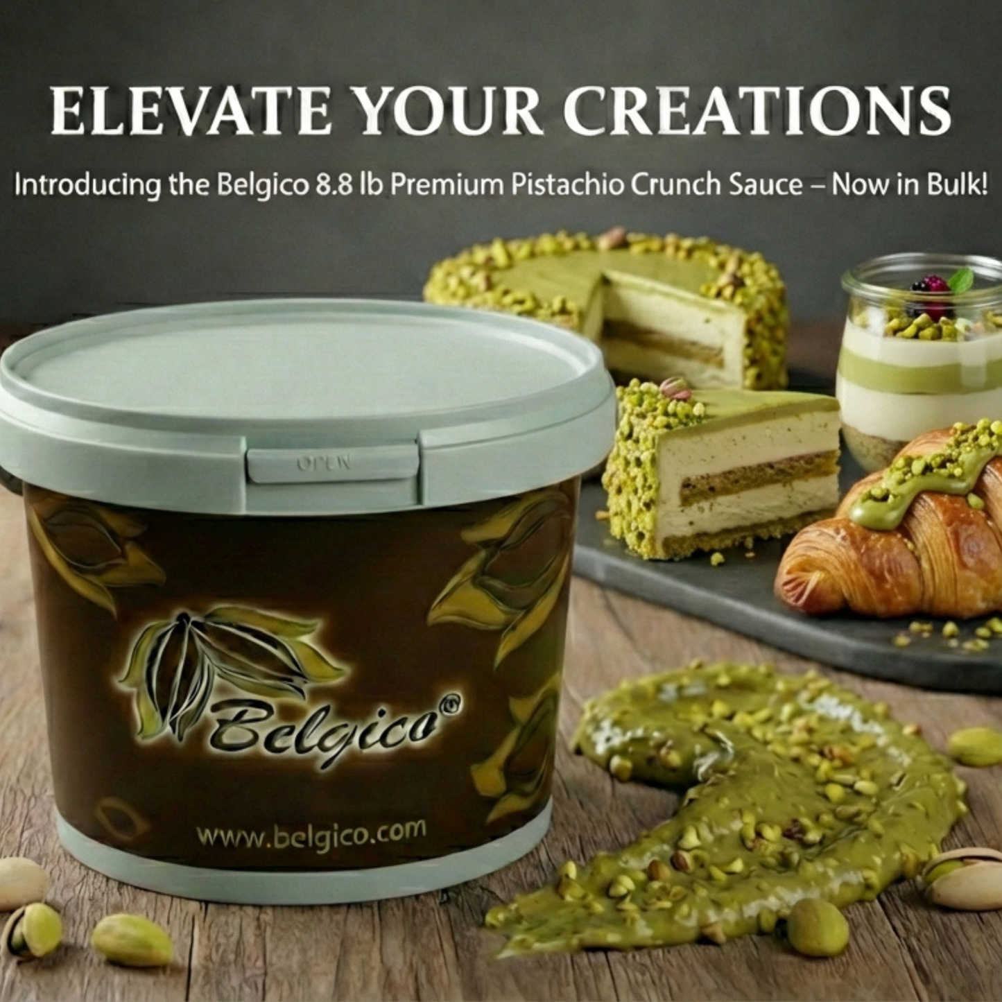 Belgico Pistachio Crunch Sauce 8.8lb (4kg) – Crunchy Dubai Chocolate Filling with Roasted Pistachio Pieces