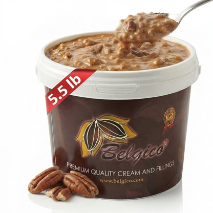 Belgico Pecan Crunch Caramel Sauce 5.5 lb bulk bucket, front label
