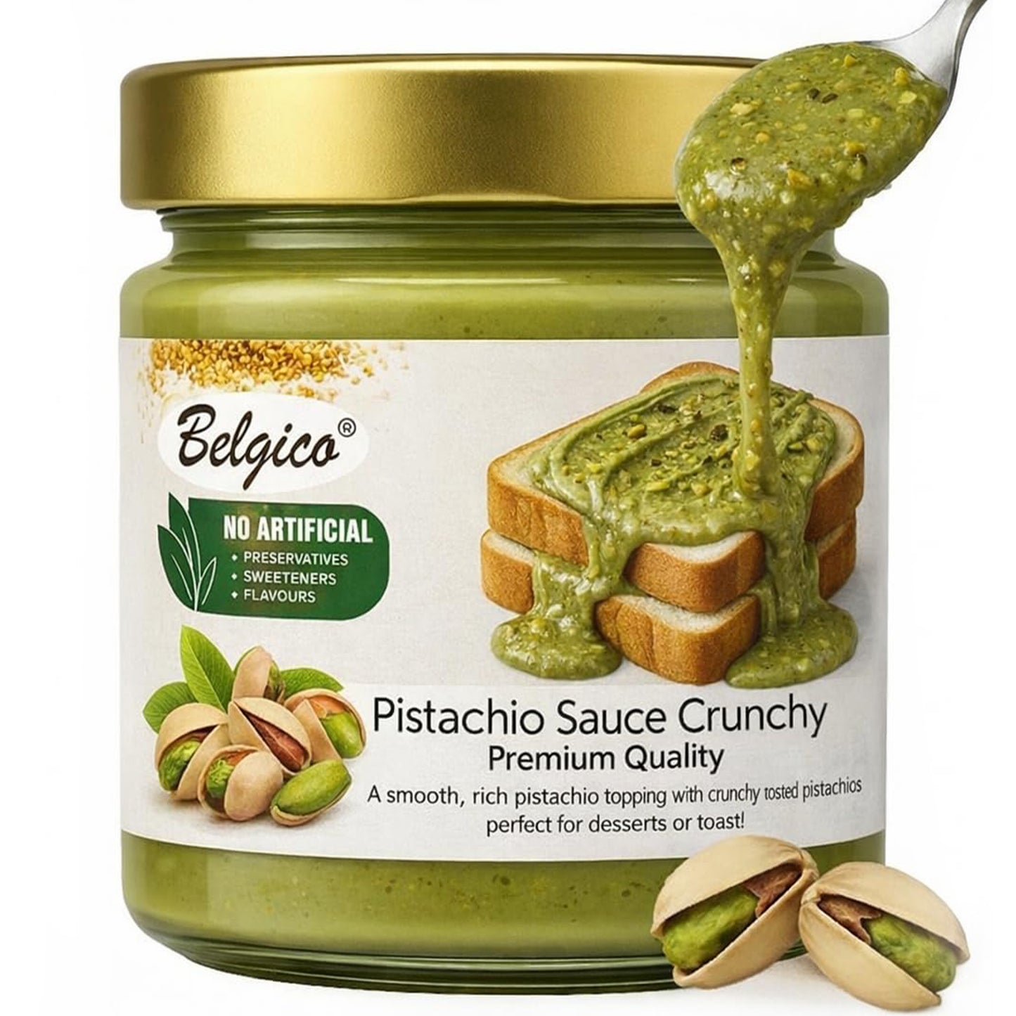 Belgico Crunchy Pistachio Sauce 30% Pistachio with Toasted Pistachio Pieces 7oz (200g)