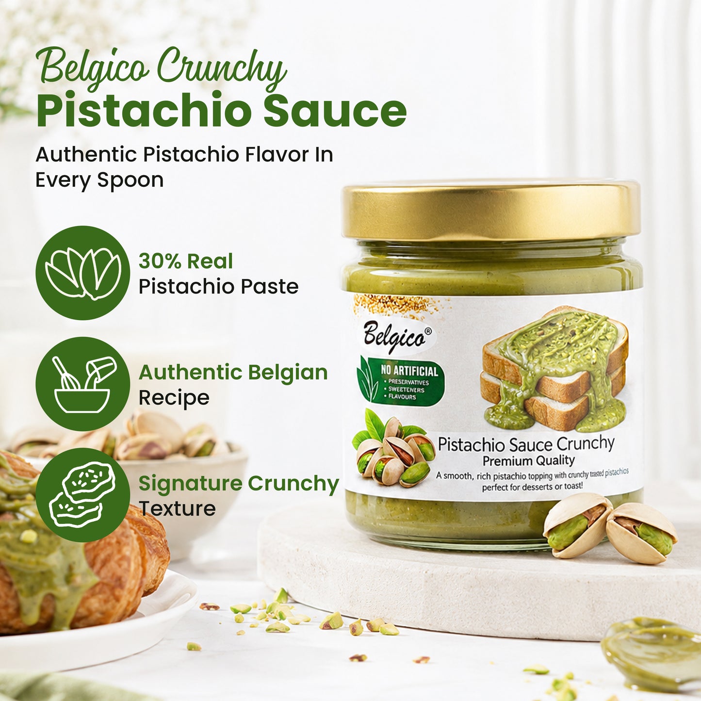 Belgico Crunchy Pistachio Sauce 30% Pistachio with Toasted Pistachio Pieces 7oz (200g)