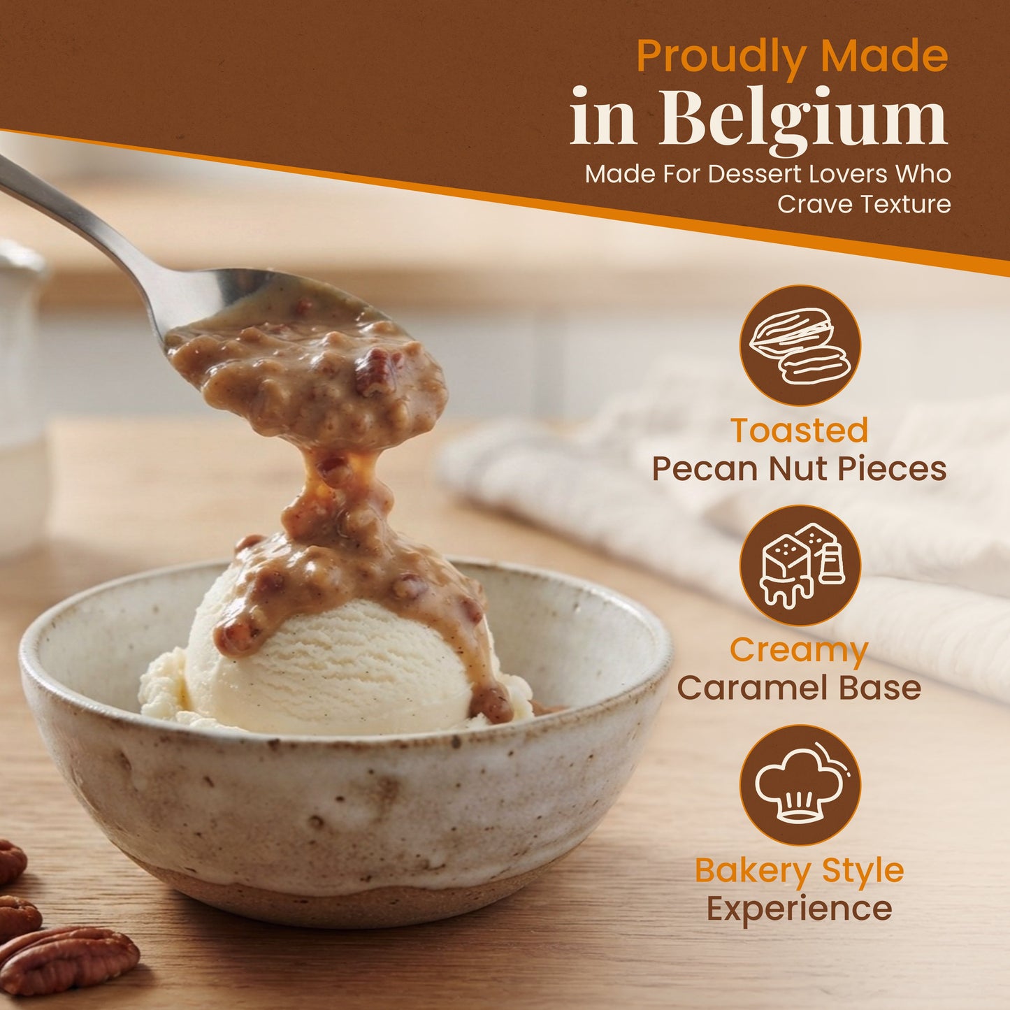 Belgico Pecan Crunch Caramel Sauce swirled over vanilla ice cream