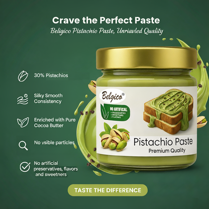 Pistachio Paste – Premium Green Pistachio Spread for Toast, Desserts & Baking – No Artificial Flavors, Colors, Sweeteners, Gluten-Free | Belgico Jar 7oz