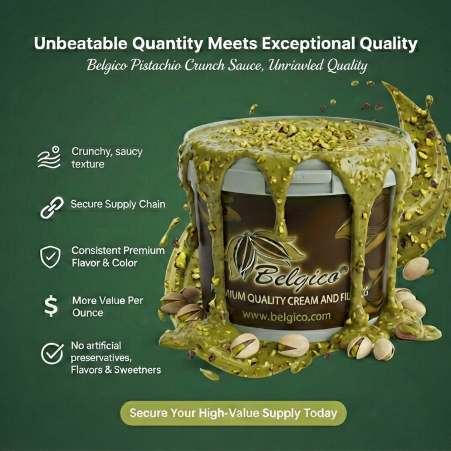 Belgico Pistachio Crunch Sauce 8.8lb (4kg) – Crunchy Dubai Chocolate Filling with Roasted Pistachio Pieces