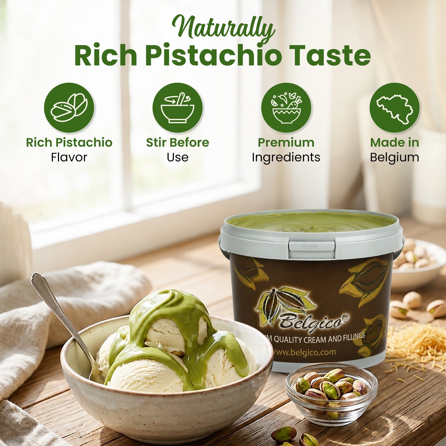 Belgico 8.8 lb(4kg) Pistachio Cream Bulk Bucket