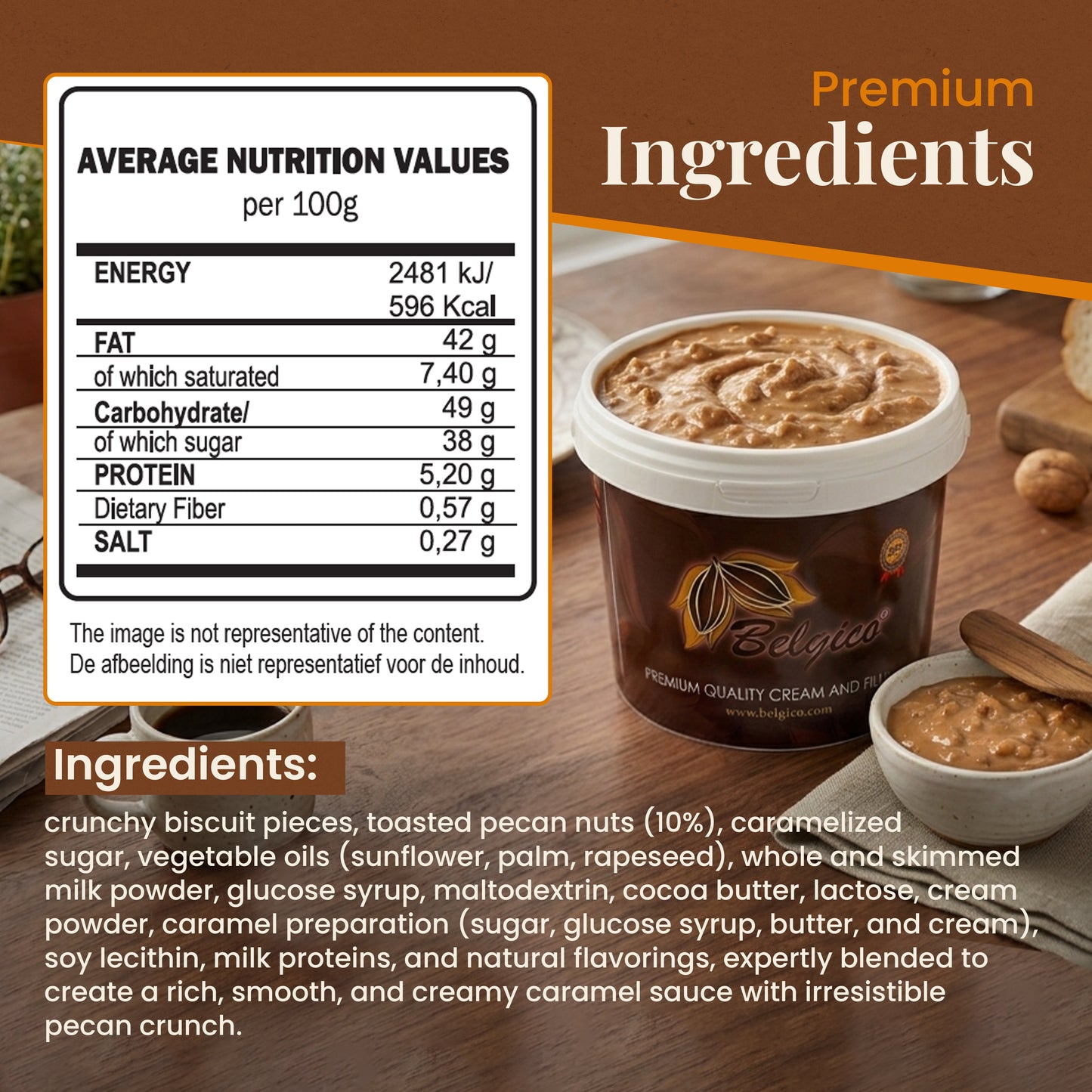 Belgico Pecan Crunch Caramel Sauce bulk bucket open lid showing texture