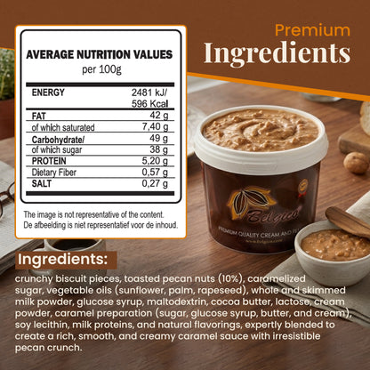Belgico Pecan Crunch Caramel Sauce bulk bucket open lid showing texture