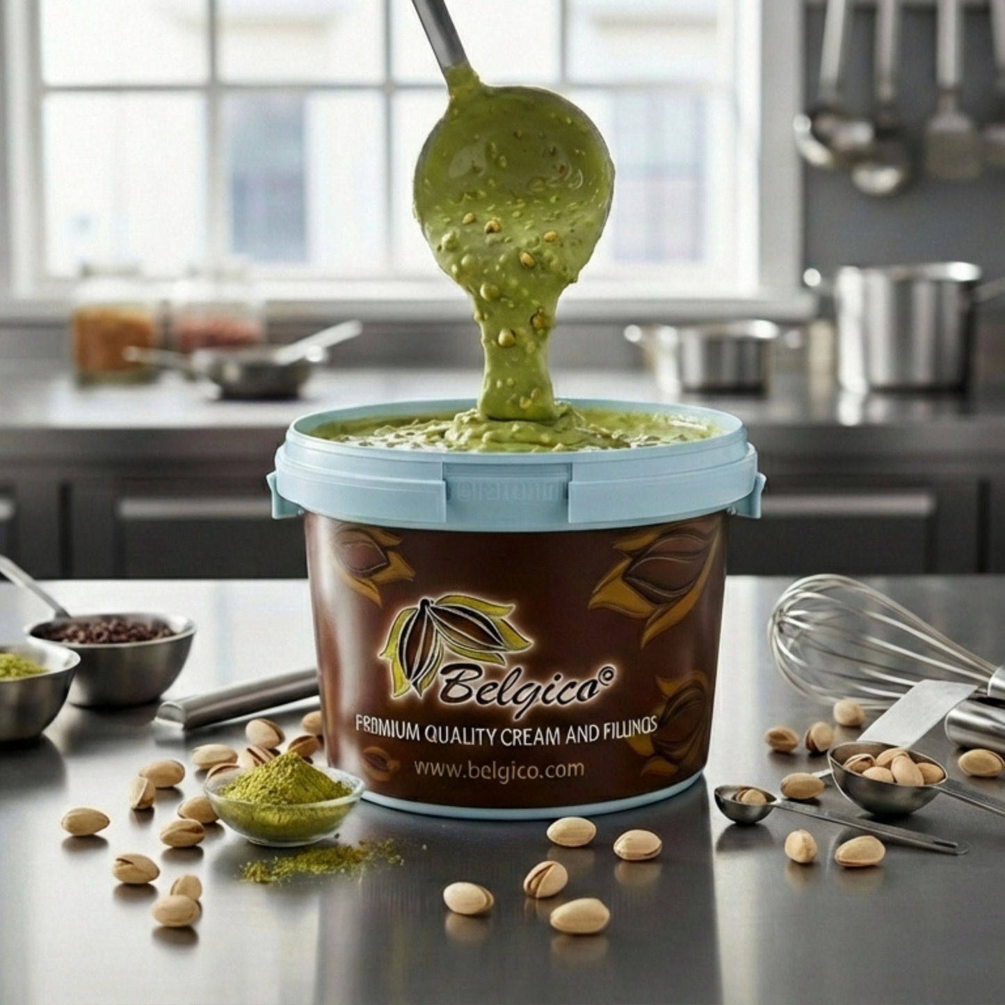 Belgico Pistachio Crunch Sauce 8.8lb (4kg) – Crunchy Dubai Chocolate Filling with Roasted Pistachio Pieces
