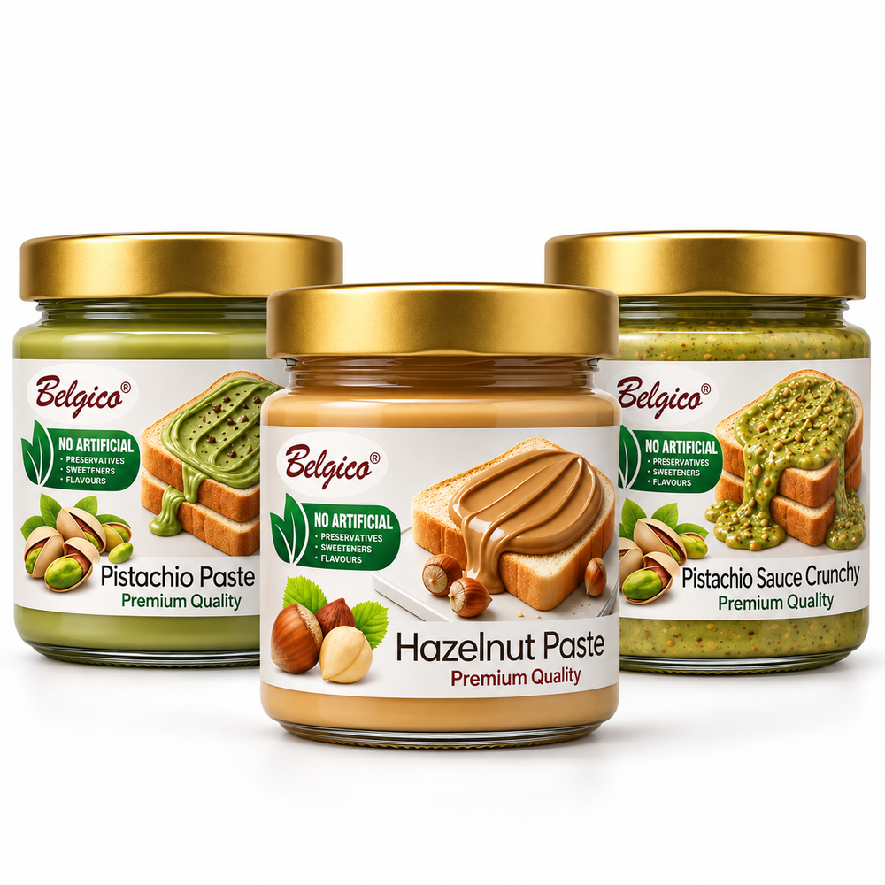 Belgico Trio Bundle — Pistachio, Hazelnut & Crunchy Pistachio 7 oz Jars