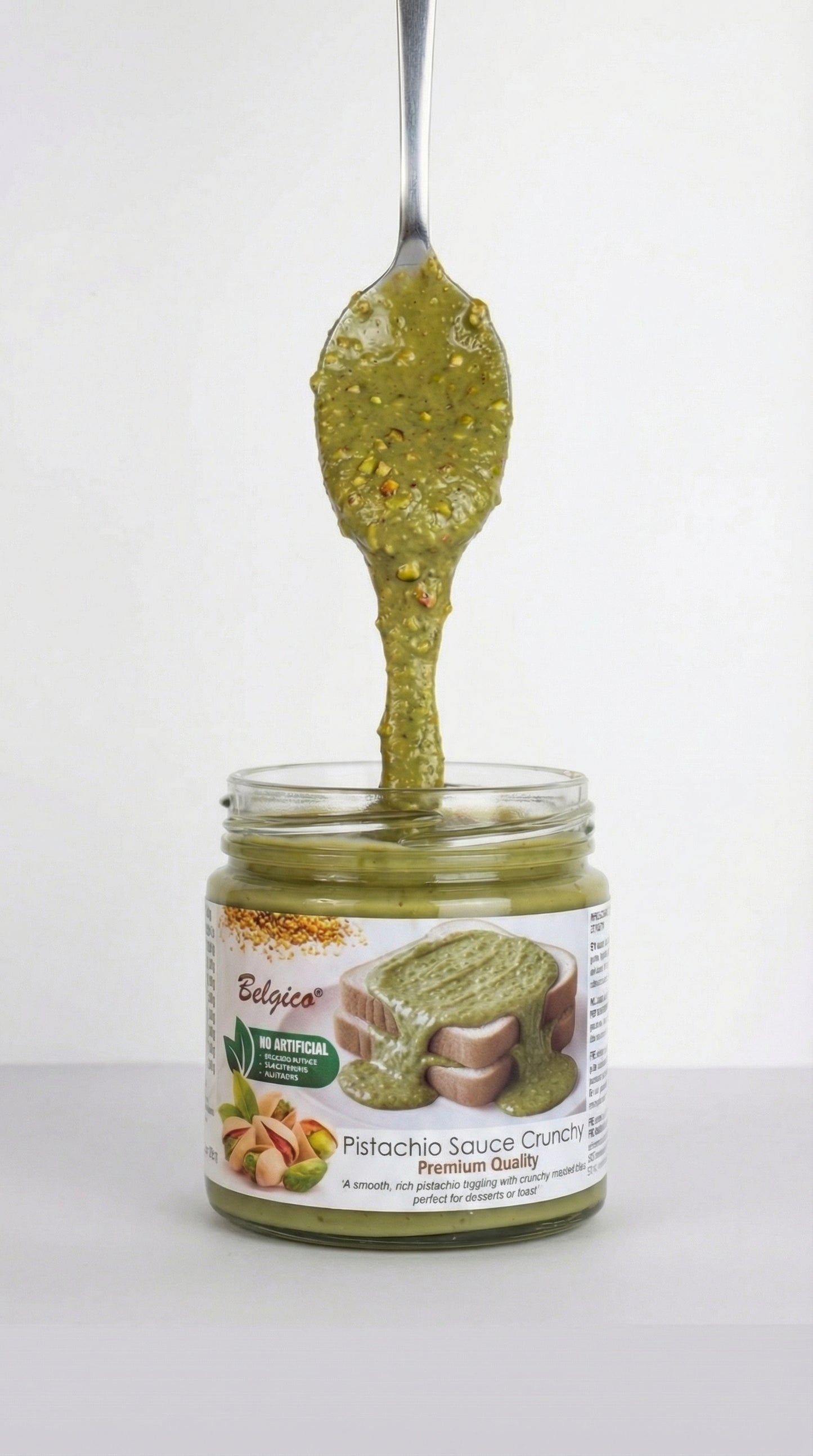 Belgico Crunchy Pistachio Sauce 30% Pistachio with Toasted Pistachio Pieces 7oz (200g)