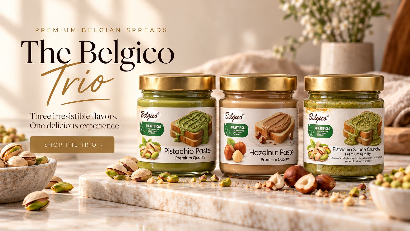 The Belgico Trio — pistachio paste, hazelnut paste and crunchy pistachio sauce