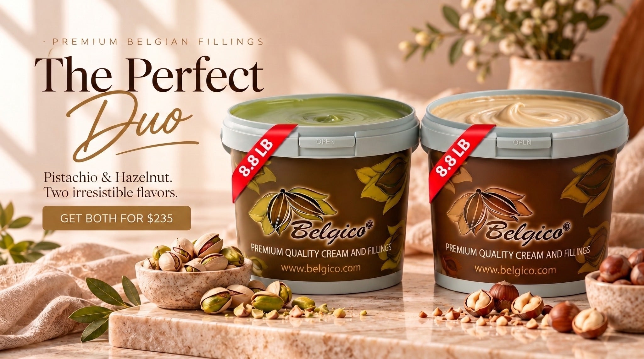 The Perfect Duo: Belgico Pistachio and Hazelnut cream filling buckets, both for $235