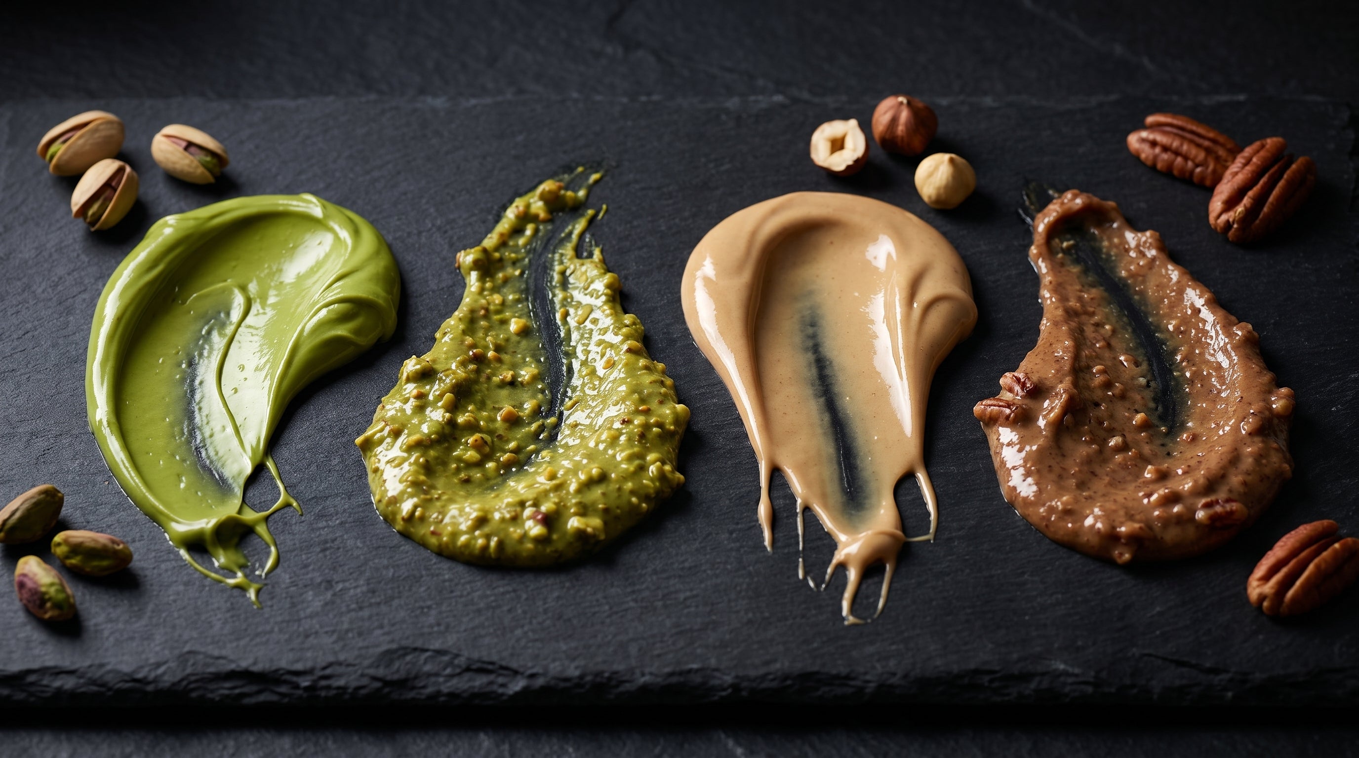 Smooth and crunchy pistachio, hazelnut, and pecan creams arranged on dark slate