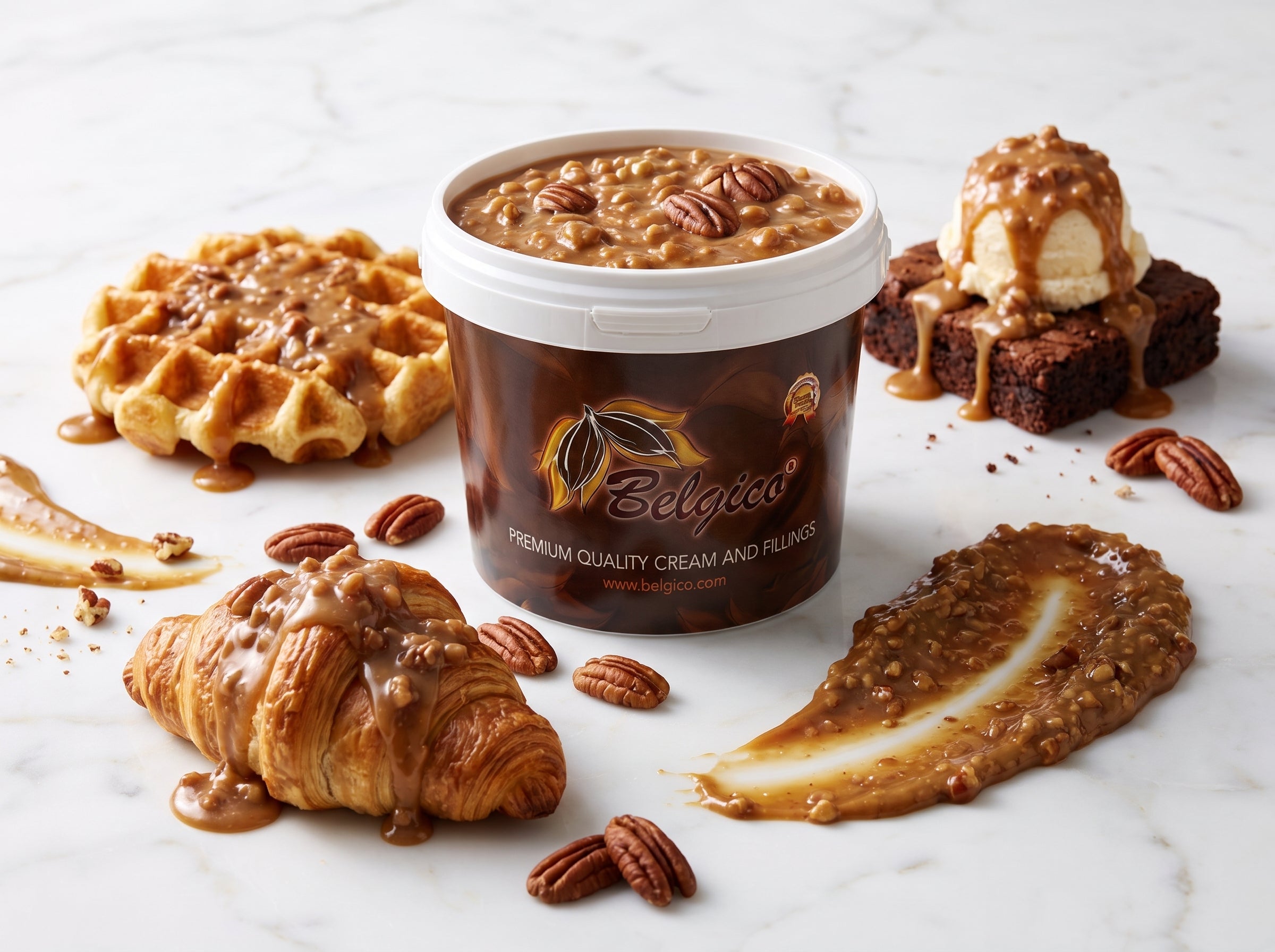 Belgico pecan cream with waffles, croissants, brownies, ice cream, and pecans