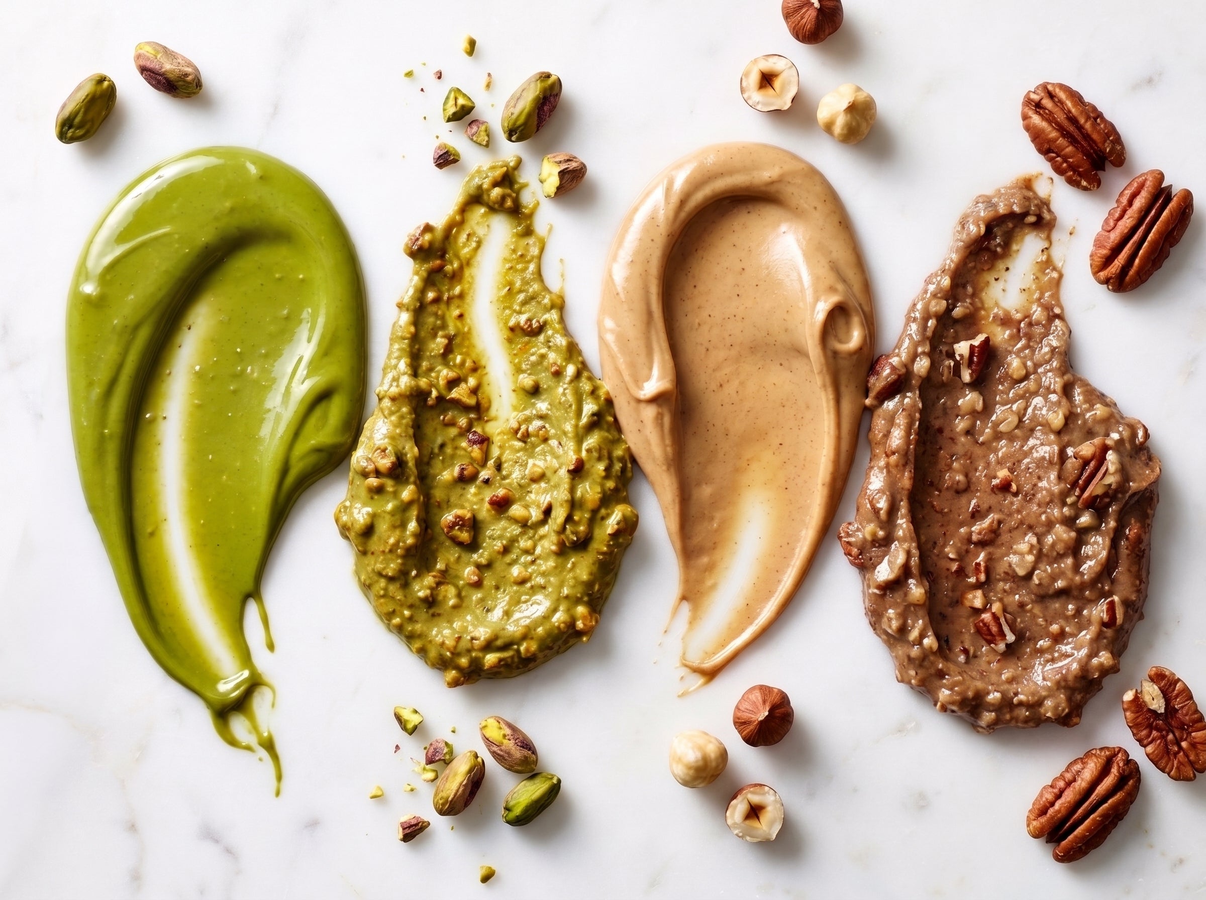Four pistachio, hazelnut, and pecan cream spreads arranged on marble